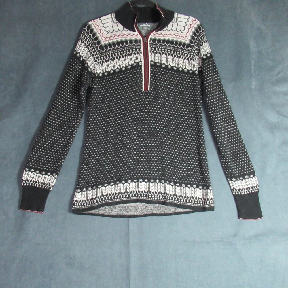 Eddie Bauer Sweater Womens Medium Black Fair Isle Knit Arctic 1/4 Zip Preppy